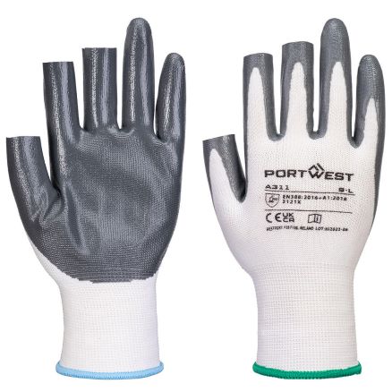 Grip 13 Nitrile 3 Fingerless Glove, Pack of 12, White/Grey - Size XS
