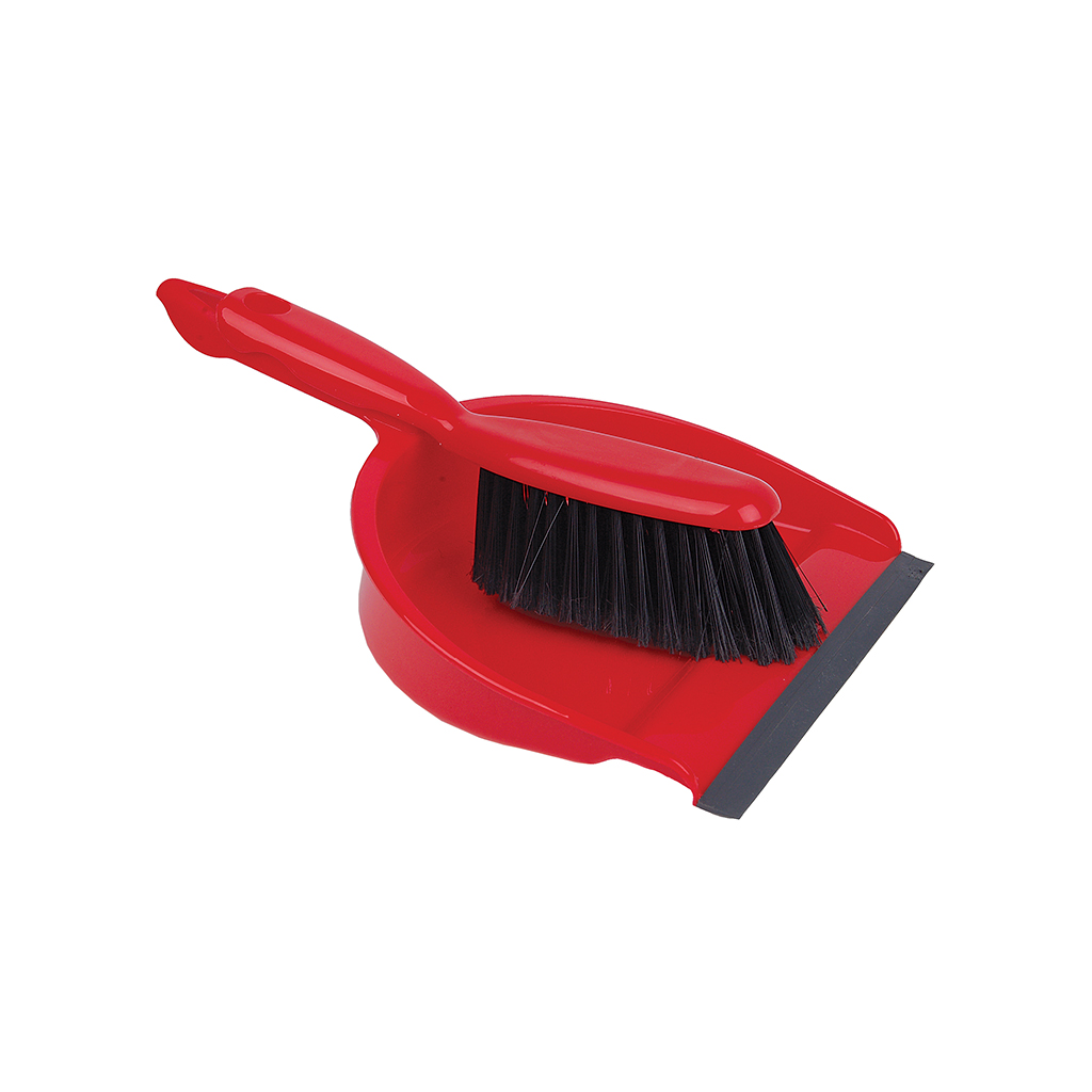 Plastic Dust Pan and Brush, Soft, Red
